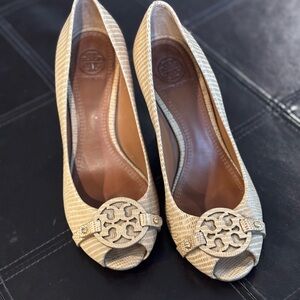 Tory Burch Tan Peep-Toe Wedges